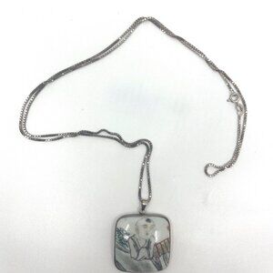 29" 925 Sterling Silver Chain Necklace w Antique Chinese Porcelain Pendant